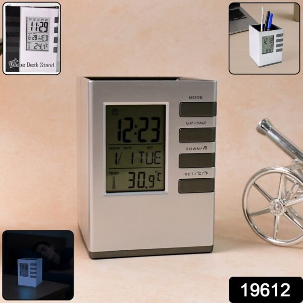dd1a899b-7195-4eb8-8896-d99a2a292435.jpg Multifunction Cube Digital Desk Clock with Pen Holder (1 Pc)