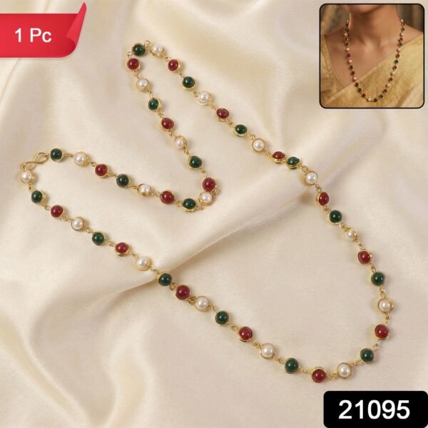 Traditional Multicolor Beaded Pearl Necklace with Red & Green Stone (1 Pc)
