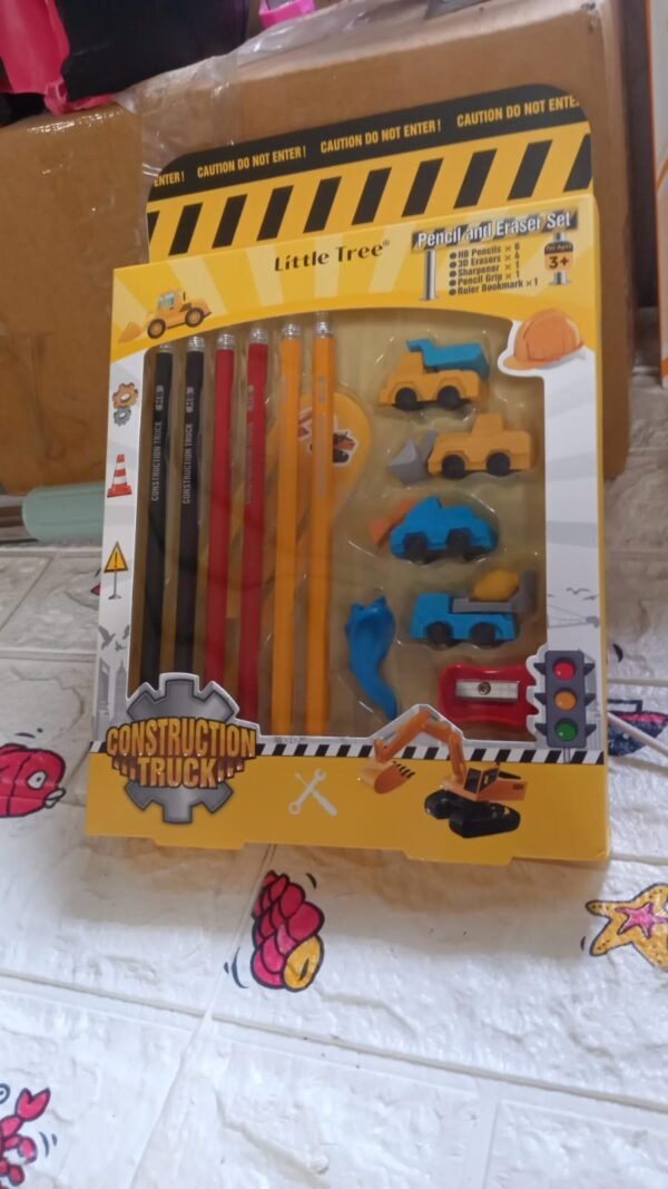 eb2087bf-1c63-4920-9134-9f59f6129e19.jpg Pencil and Eraser Set, Construction Truck Theme Stationery Kit Includes 6 Pencils, 4 Erasers, 1 Sharpener, 1 Ruler Bookmark, 1 Pencil Cap Stationary For Birthday Gifts for Kids, Birthday Return Gifts (13 Pc set)