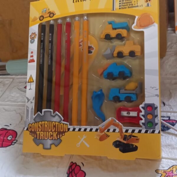 eb2087bf-1c63-4920-9134-9f59f6129e19.jpg Pencil and Eraser Set, Construction Truck Theme Stationery Kit Includes 6 Pencils, 4 Erasers, 1 Sharpener, 1 Ruler Bookmark, 1 Pencil Cap Stationary For Birthday Gifts for Kids, Birthday Return Gifts (13 Pc set)