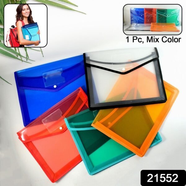 Transparent Document File Folder Multi-Color Button Closure File Bags (1 Pc / Mix Color)