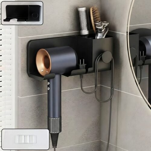 Wall Mounted Hair Dryer Holder with Multipurpose Organizer Shelf and Hook
