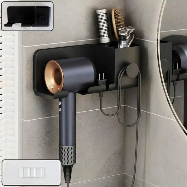f6304f98-7ffd-49ab-b8c1-bcc1de0de852.jpg Wall Mounted Hair Dryer Holder with Multipurpose Organizer Shelf and Hook