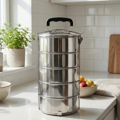 f8a6e8da-8ac7-48a2-9940-1e4128f2e8b6.jpg 5 Compartment Lunch Box (Stainless Steel): Round Tiffin, Leakproof (16x5")