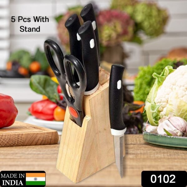 fb262f45-d9b8-4638-8586-d47e198f206e.jpg Kitchen Knife Set with Wooden Block and Scissors, Chhari (5 pcs, Black)