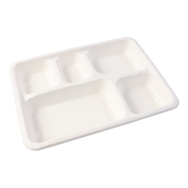 5-Compartment Rectangle Lunch Compostable Bagasse Plate – 10 Pcs Pack