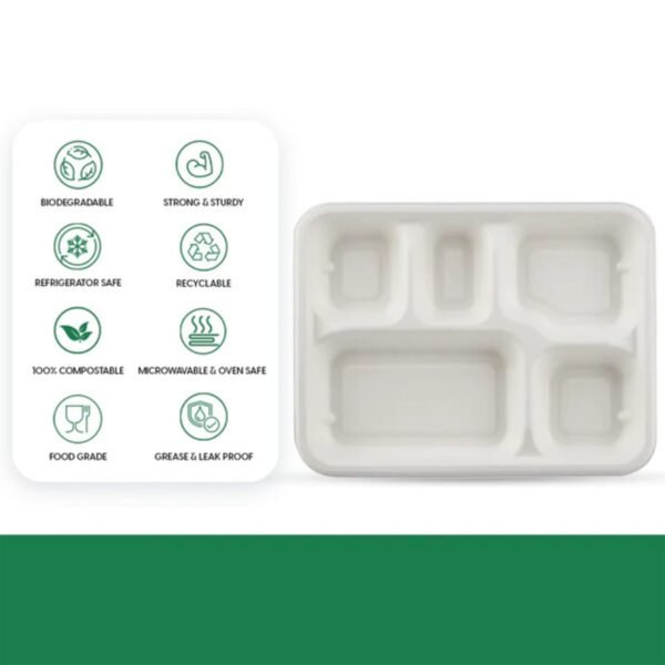 5-Compartment Rectangle Lunch Compostable Bagasse Plate – 10 Pcs Pack
