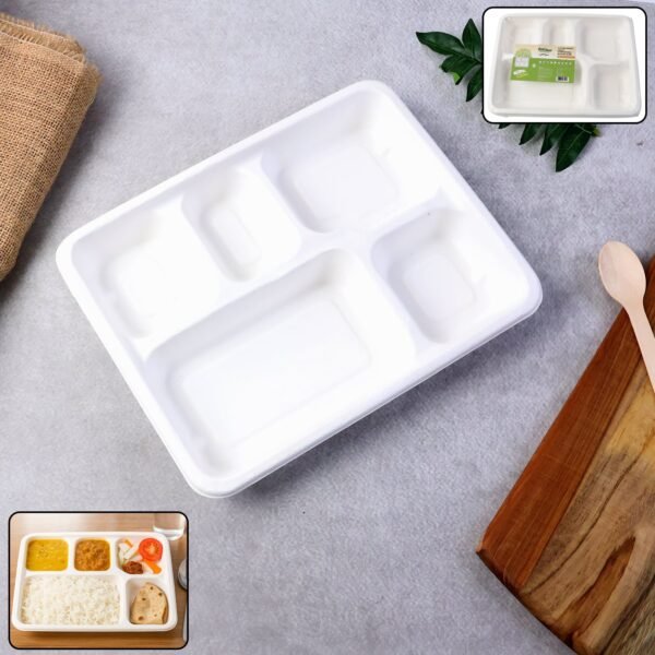 5-Compartment Rectangle Lunch Compostable Bagasse Plate – 10 Pcs Pack