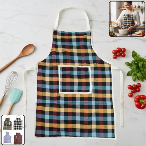 kitchen-Apron-01.jpg Cotton Checkered Kitchen Apron with Front Pocket (1 Pc)