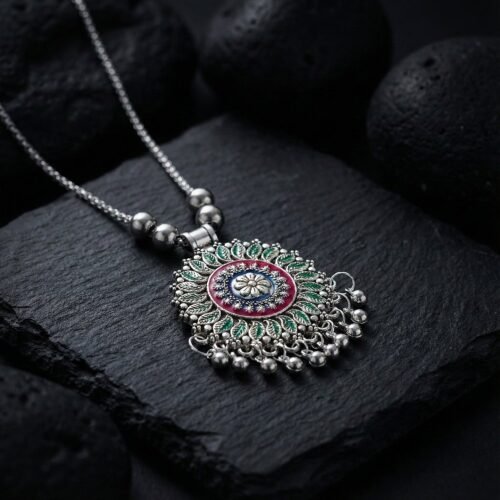 nackless-01_62cdb536-3539-4def-81c2-563a2b600593.jpg Antique Silver-Tone Oxidized Floral Mandala Pendant Necklace (1 Pc)
