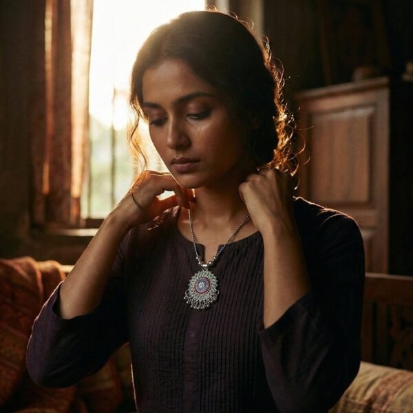 Antique Silver-Tone Oxidized Floral Mandala Pendant Necklace (1 Pc)