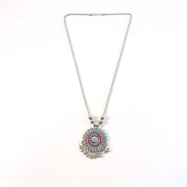 Antique Silver-Tone Oxidized Floral Mandala Pendant Necklace (1 Pc)