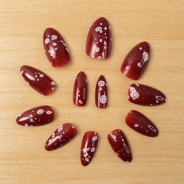 Premium Burgundy Artificial Nai fake nails- (Mix Design / 1 Set)