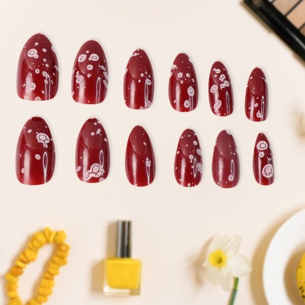 Premium Burgundy Artificial Nai fake nails- (Mix Design / 1 Set)