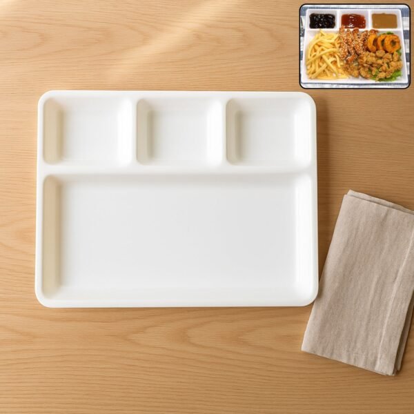 servingtrayWOSKU-01.jpg Plastic 4-Compartment Rectangular Meal Serving Tray / Plate (1 Pc / White)