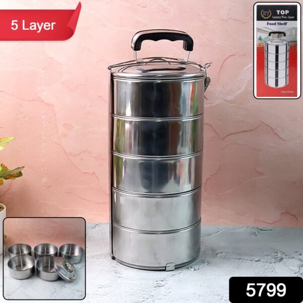 5 Compartment Lunch Box (Stainless Steel): Round Tiffin, Leakproof (16x5")