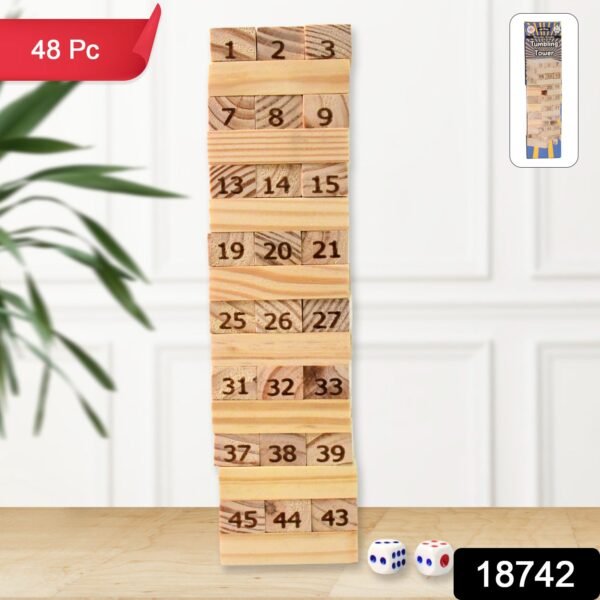 sku_7a994800-dcfc-4053-9ab8-6f463d5eeca6.jpg Wooden Tumbling Stacking Tower Game, Zenga tower (48 Pcs Blocks 2 Dices)