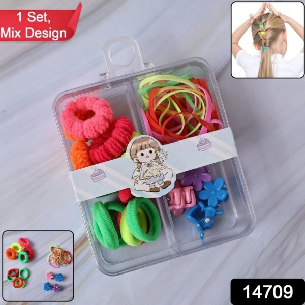 Kids Hair Bands, Rubber Bands & Cute Hair Clips in Storage Box (Mix Design / 1 Set)