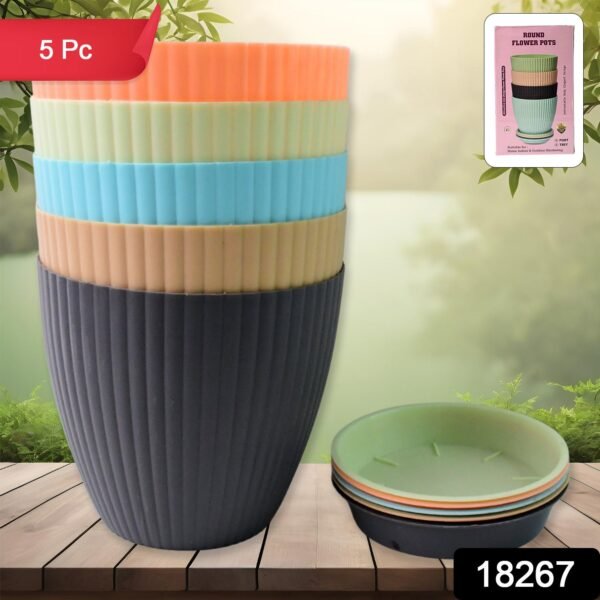 sku_9b5134b7-133a-4cc9-9f3e-1c7e8c72fcf8.jpg Round Plastic Flower Pot with Bottom Tray (5 Pcs Set / With Color Box)