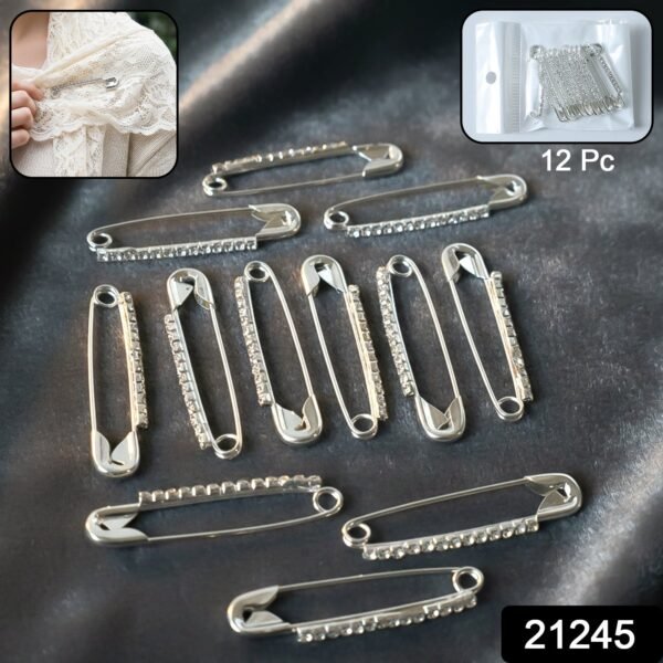 Decorative Silver Finish Safety Pin Brooch Set (12 Pc Set)
