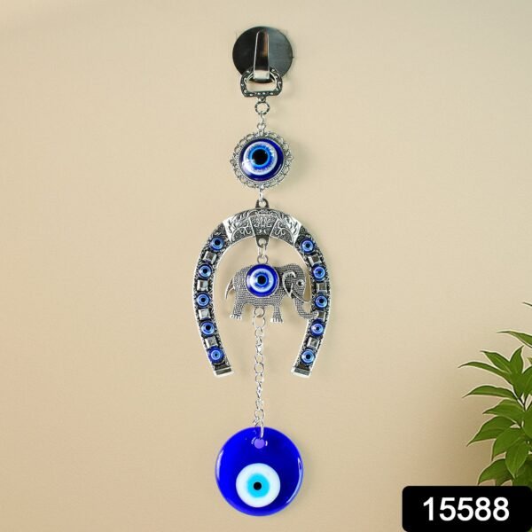 Decorative Evil Eye Hanging with Elephant and Horseshoe Motif, Wind Chime (1 Pc)