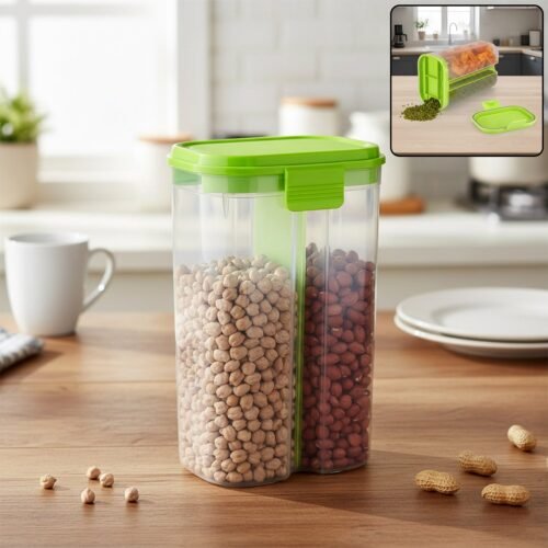 storage-container-01_4e33bddf-1164-4224-a72d-79f630313aac.jpg Plastic 2 Sections Air Tight Transparent Food Grain Cereal Storage Container (2 ltr)