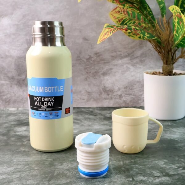 White Vacuum Flask Set – Stainless Steel Thermos with 3 Cups, Approx 500ml