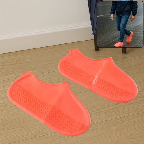 waterproof-shoe-cover01.jpg Orange Non-Slip Silicone Rain Reusable Anti skid Waterproof Fordable (1 Pair)