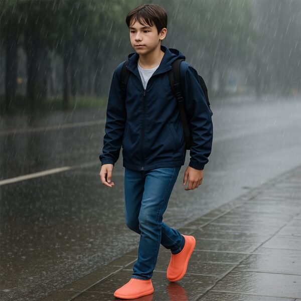 waterproof-shoe-cover04.jpg Orange Non-Slip Silicone Rain Reusable Anti skid Waterproof Fordable (1 Pair)